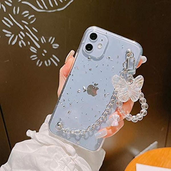 Pige Kvinder Smuk Guld Folie Guldblad Transparent TPU Telefon Cover + Metal Armbånd Kæde + Sommerfugl Snøre, Fuld Beskyttelse til iPhone 12 Mini||silv