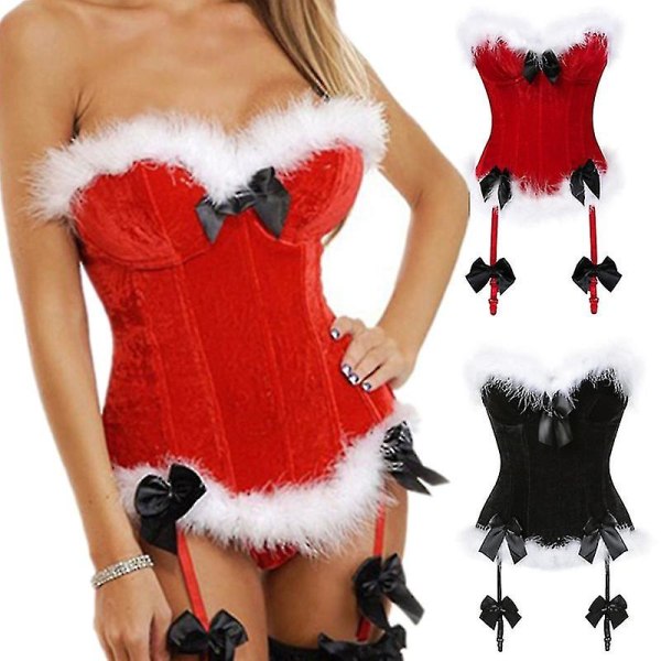 Sexiga sammetsjulkorsetter Dam Miss Santa Bustier Corselet Bowknots Zipper Side Overbust Corset Red S