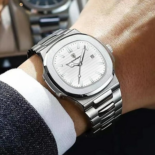 POEDAGAR Business Vandtæt Ur Lysende Dato Rustfrit Stål Firkantet Quartz Herreur White