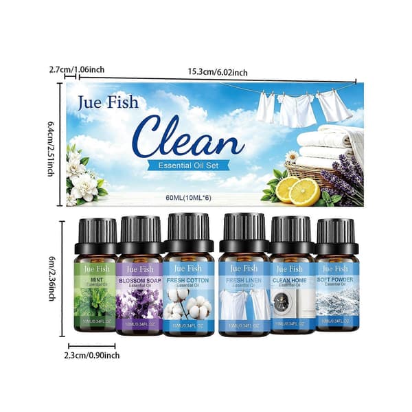 Rent og friskt eteriske oljer sett 610ML, LaundryStyle duftoljer for diffuser luftfukter, blandbare duftoljer for hjem og vask 6 x 10ML
