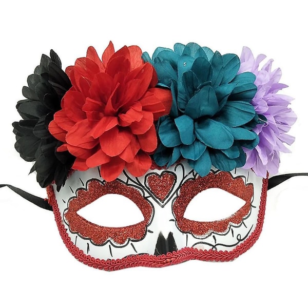 Day Of The Dead Face Cover Sugar Skull Blommor Dekor Halv Masque Halv Face Cover Prydnadskläder Tillbehör för Halloween-fest Red