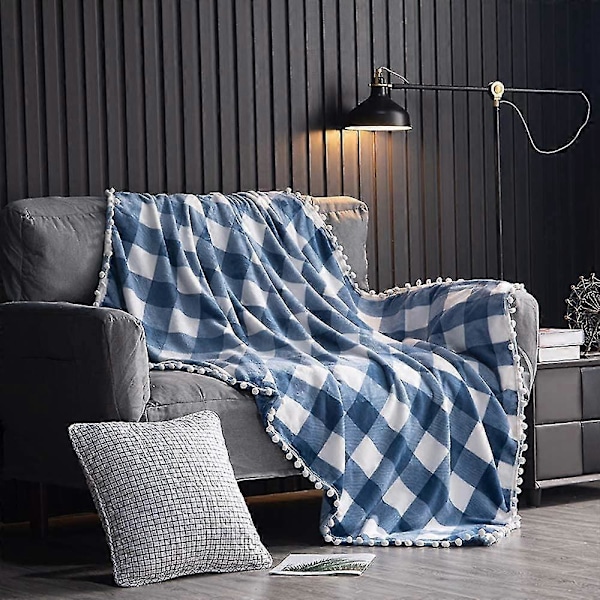 Fleece-peitto pompom-hapsuilla, sinivalkoinen Buffalo-ruudullinen flanellipeitto sohvalle (130x150cm)