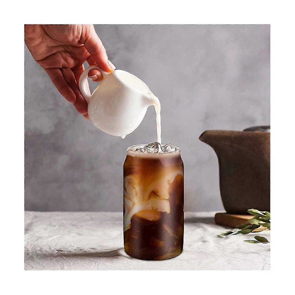 Drikkeglas med bambuslåg og 2 stk. sæt, 16Oz dåseformede glaskrus med låg og sugerør, Bi