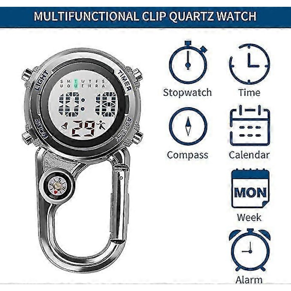 Karabinhage Ur Digital Clip-On Quartz Ur Multifunktionel Karabinhage Lommeur Lysende Urskive Kompas Karabinhage Ur Med Kompasblå