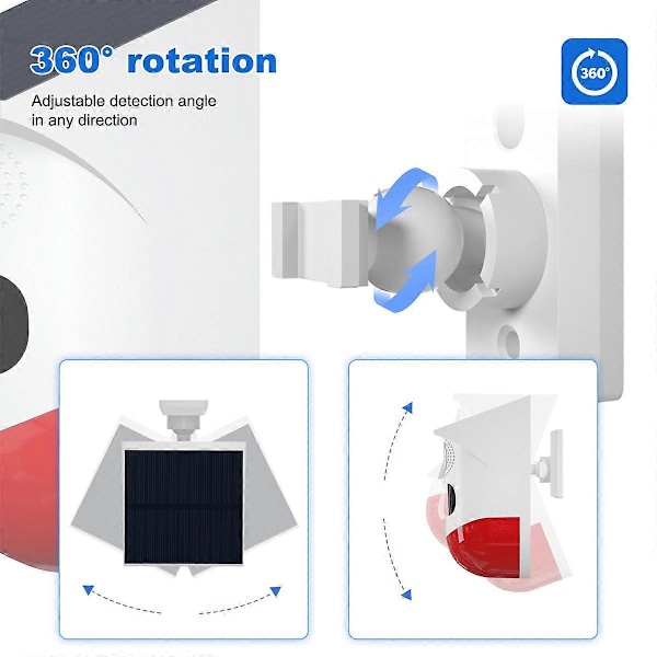 Solardriven Rörelsesensorlarm 120DB Högljudd Siren LED Stroboskopljus Ljud Säkerhetslarm Utomhus Vattentät