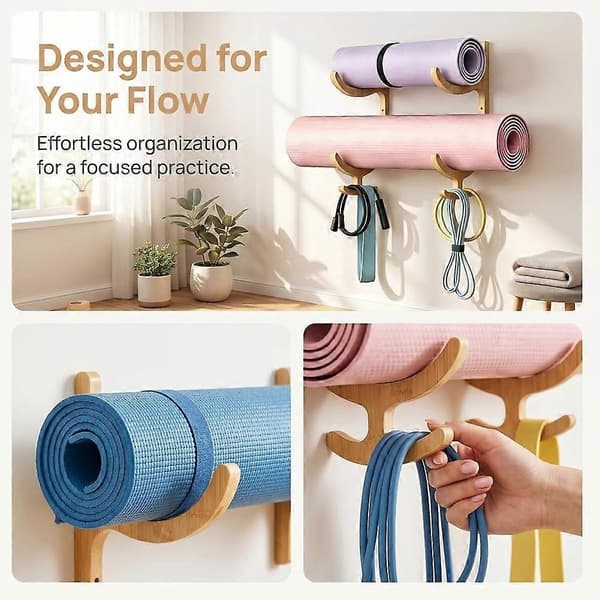 2-pack väggfäste för yogamatta i trä med 4 krokar för effektiv förvaring och enkel åtkomst