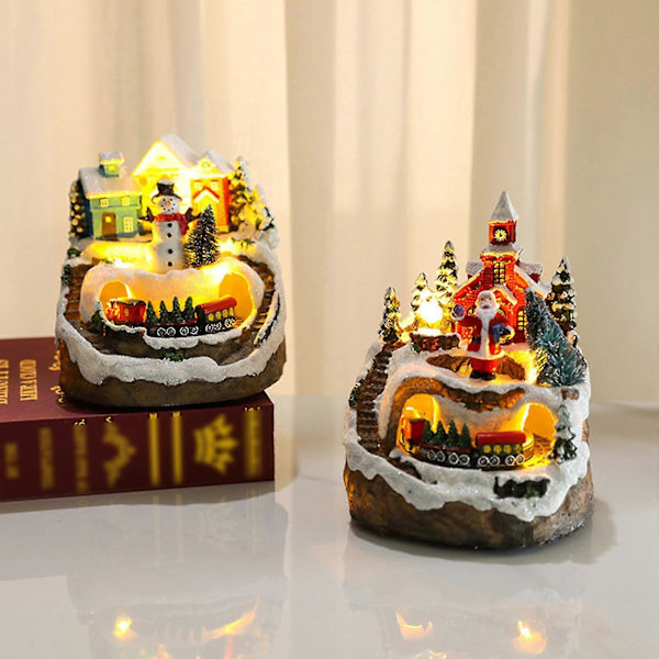 LED Lys Jule Sne Scene Tog Landsby Hus Lysende Resin Ornament Figur Dekoration Håndværk Jul Nytårsgave