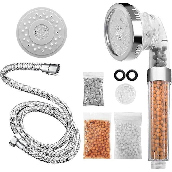 Dusjhode + 1,5 m fleksibel slange i rustfritt stål, anti-kalkfilter hånddusj med 3 stråletyper, vannbesparende og høyt trykk, mineralstein F