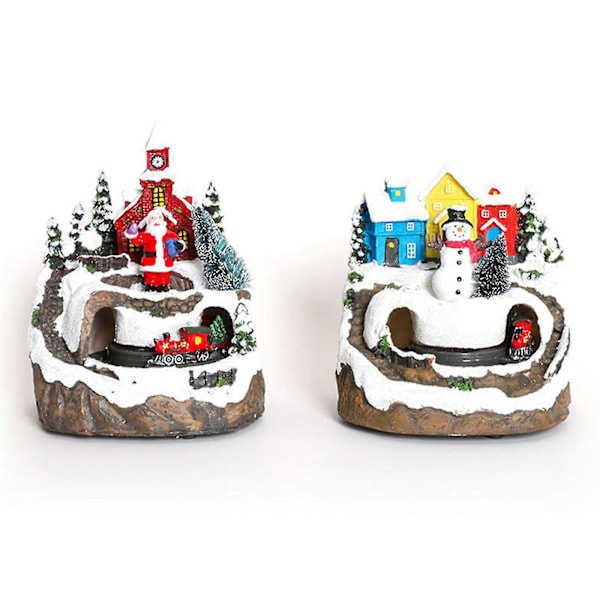 LED Lys Jule Sne Scene Tog Landsby Hus Lysende Resin Ornament Figur Dekoration Håndværk Jul Nytårsgave