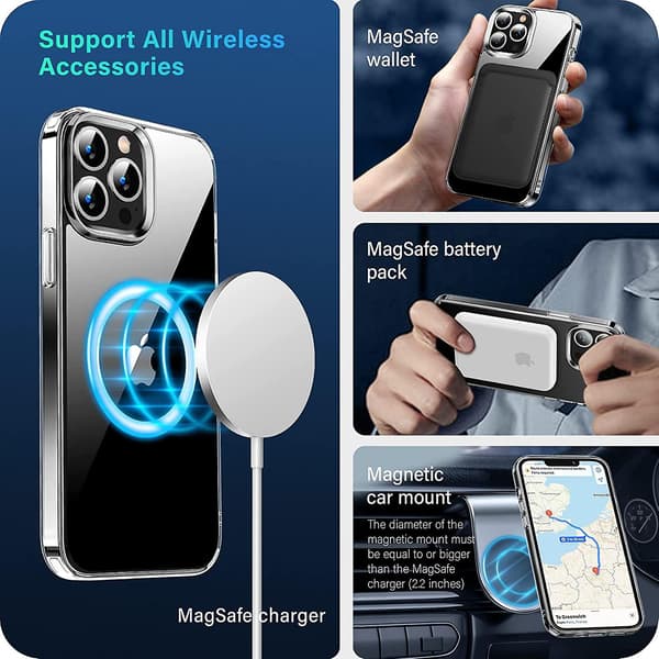Klart magnetisk cover designet til iPhone 13 Pro Max, hård PC med bløde kanter, klart.
