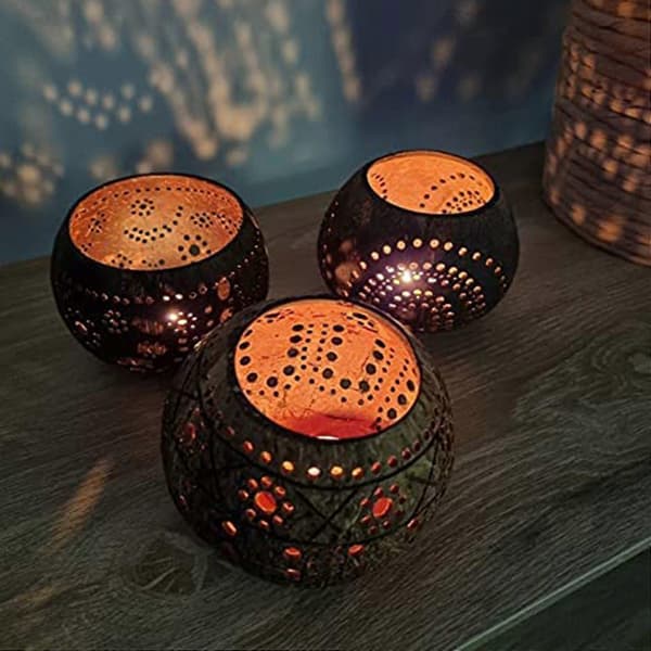 Kokosnøttskall Lysestaker i Tre (Sett med 3) med Kokosduftende Telys - Boho Dekor, Vot