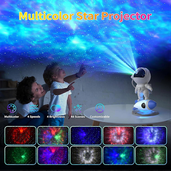 Astronautti Galaxy Projektori, Tähtisumun Projektori Rakettilampulla, Yövalot LED Tähtiprojektori Makuuhuoneeseen, Kaukosäädin, Valkoiset Äänet, Bluetooth