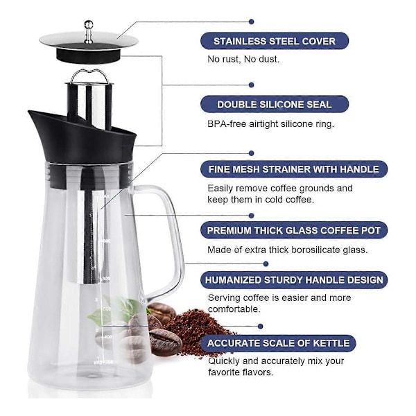 Cold Brew Kaffemaskine, Iced Coffee Maker Maskine, Cold Brew Te Kande Holdbart Glas og Lufttæt