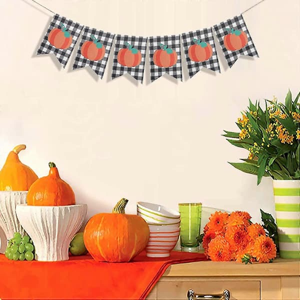 Græskar Banner Rustik Hvid Sort Buffalo Plaid Vimpel Flag Guirlande