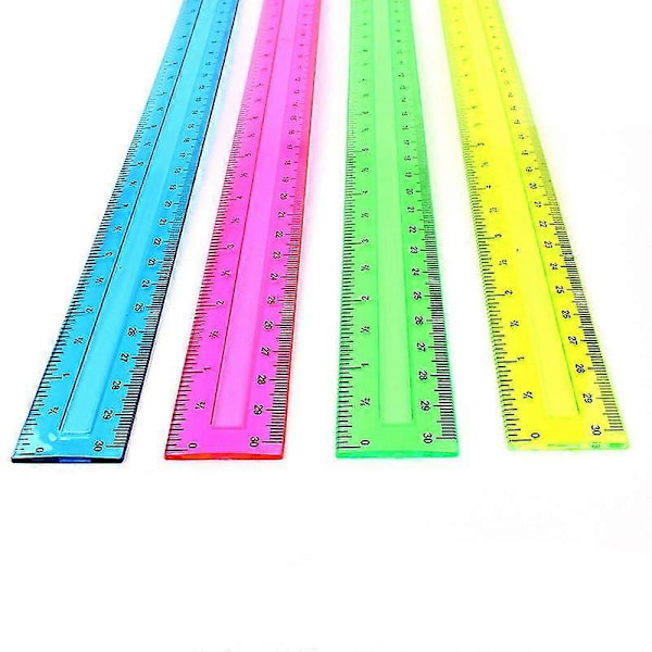 Forsyninger 4 Plastlinealer, Brudsikker 12-tommer lineal i bulk til skole, hjem eller kontor, klare plastlinealer, 4 assorterede farver