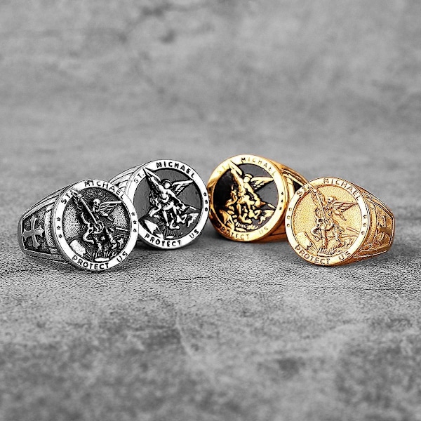 Arkängeln Mikael Exorcism Ring i Rostfritt Stål för Män Punk Amulet för Pojkvän Smycken Kreativitet Present