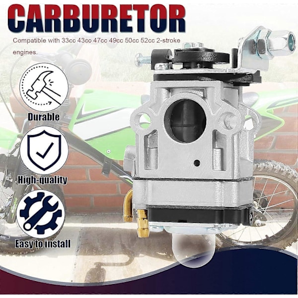 Förgasare för 33cc 40cc 43cc 47cc 49cc 50cc 2-taktsmotor 15mm insugningshål Dirt Pocket Rocket Bike ATV Scooter Mini Chopper Quad Go Kart Häcktrimmer