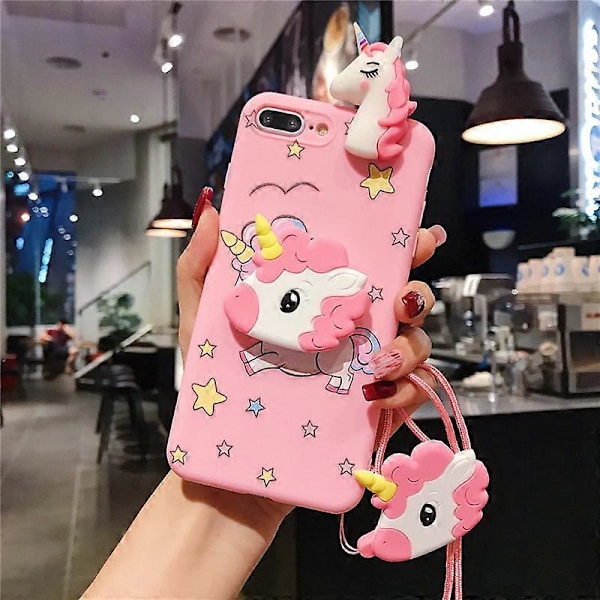 (Se titeln för telefonfodralsmodellen) Unicorn Fodral för iPhone 8/7, 3D Tecknad Design Sött Elastiskt Stödskyddsfodral, Telefonfodral med Rem