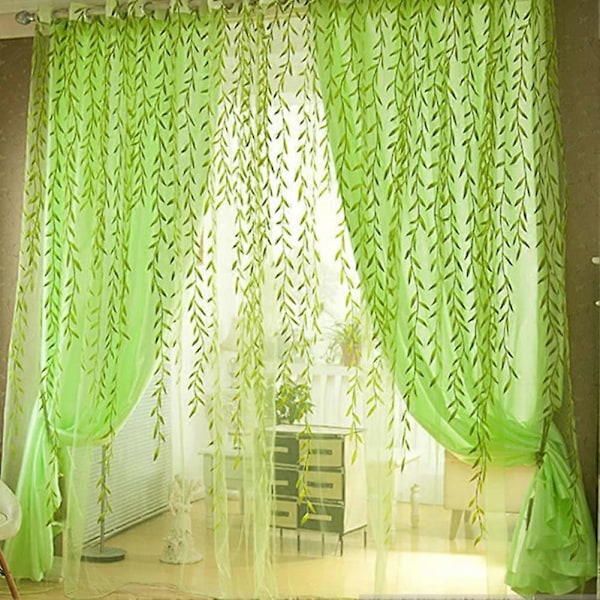 Willow Leaves Øyekrok Gardin Transparent Gardinpanel Tyll Voile Vindus Balkongdør Gardin for Soverom, Stue, Studierom og Hjemmedekorasjon