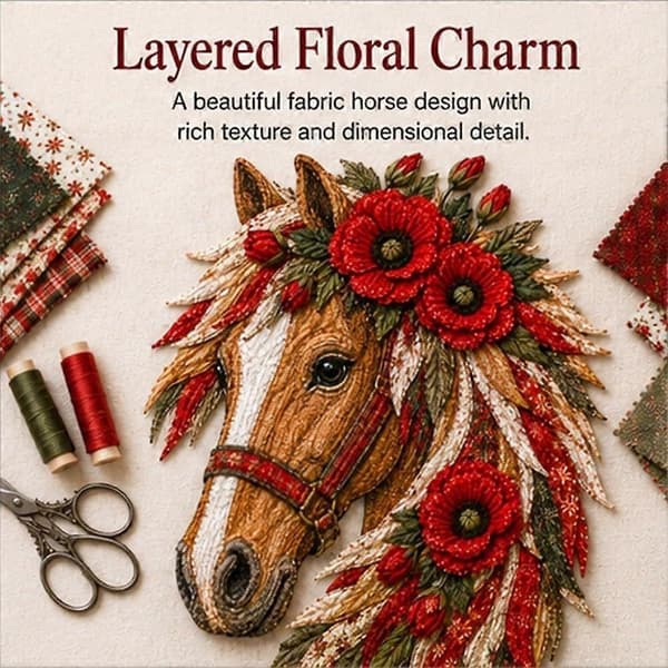 Blommig Hästhuvud Patchwork Tyg DIY Hantverkskit, Rustik Bondgård Handsticknings Konstprojekt, Natur Kotte Häst Väggdekoration för Hemvägg E