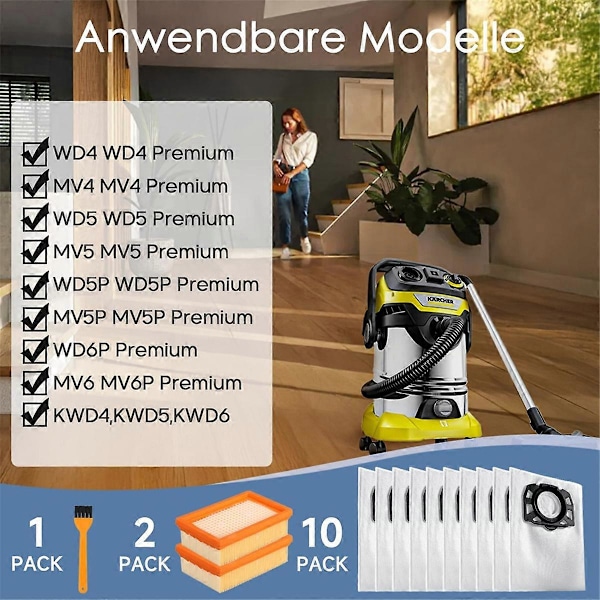 10 KFI 487 Støvsugerposer med 2 KFI 4410 Filtre til Karcher WD4 WD5 WD6 WD5P WD6P MV4 2.863-0
