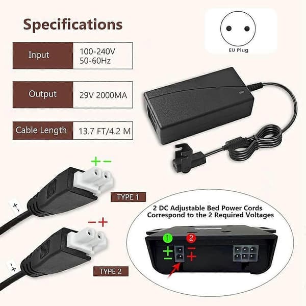 Justerbar sengebunn strømforsyningsadapter, elektrisk seng reservedeler strømledning sett for Ergo, Extend, Sealy EU-plugg Black Eu plug
