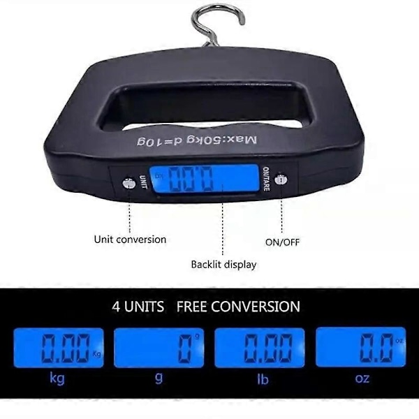 Portabel Digital Vågskala LCD-Display Fiskvikt Bakgrundsbelysning Hängande Vågar Bagagekrok Resväska Resevåg 50KG