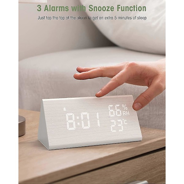 Digital väckarklocka i trä, digital klocka med snooze/datum/temperatur och luftfuktighet - Vit