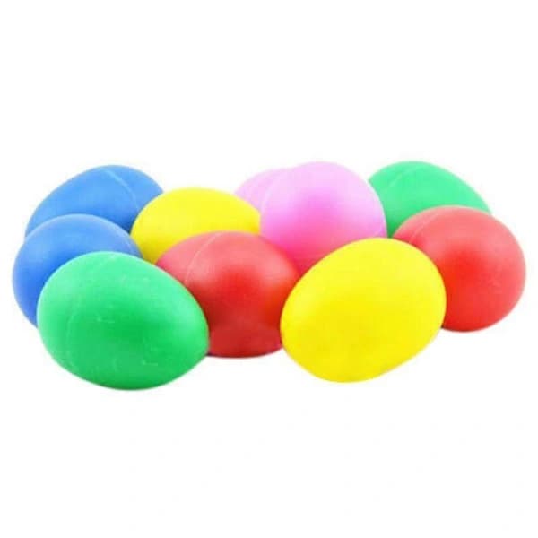 10-delt sett med perkusjonsleker i plast, eggformede maracas