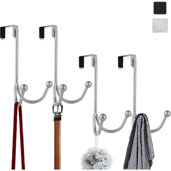 Badekåbekrog sæt med 4 dobbelte kroge til dør, metal dobbeltkroge organizer til ophængning af frakker, hatte, badekåber, håndklæder - Sølv