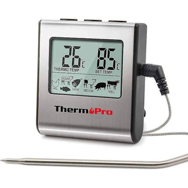 Tp16 Digitalt Madlavningstermometer med Stort LCD-Display til Røgeovn, Køkken, Godbidder, BBQ Grill Termometer med Timer og Rustfrit Stål Tempe