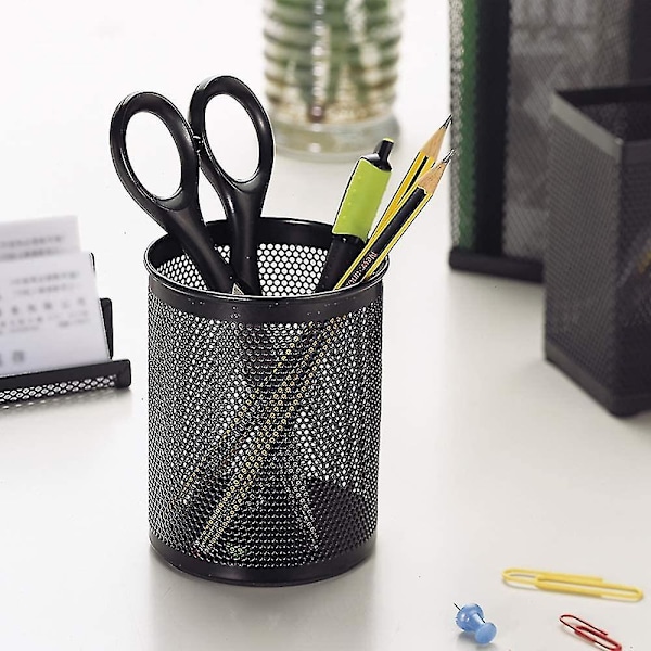 Pennhållare för skrivbord, pennorganisatör i metall, svart rund pennkopp för kontor skola - 2-pack