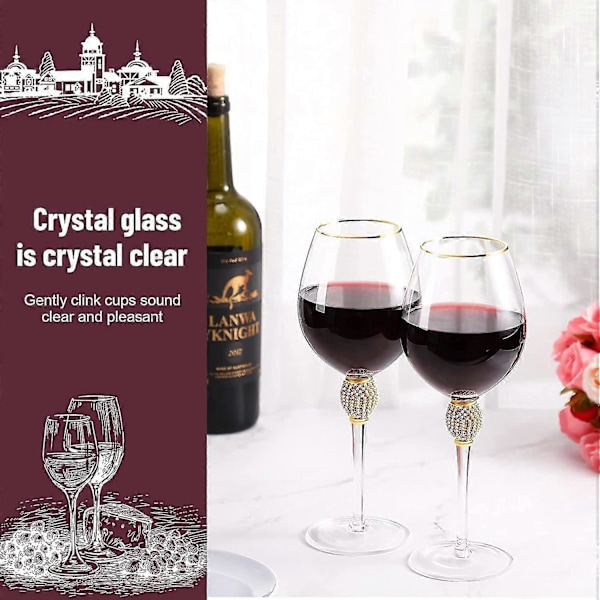 2 stycken vinglas med strass, rödvin, tulpanformade, diamantvinglas, långa stjälkar, glas för bröllop, fester, årsdag (guld)
