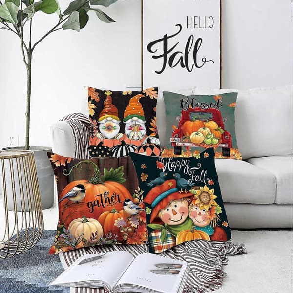 Hello Fall Pynteputetrekk 45 x 45 cm Høstgnomer Høstgresskar Lastebil