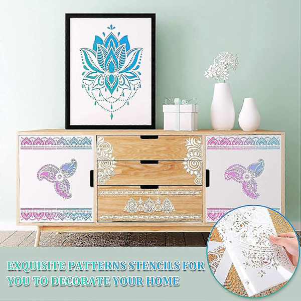 12 Store Mandala-sjablonger, gjenbrukbare malingsmaler, 8,3 x 11,7 tommer, blomsterdesign