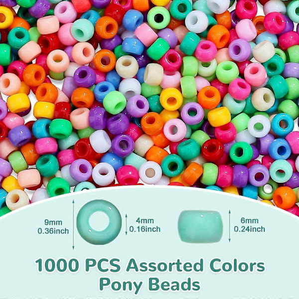 1000 stk. Assorterte Pony Perler Bulk Kandi Perler for Armbåndslaging Hårperler for Fletter Fargede Blandede Pony Perler for Håndverk Armbånd Halskjeder Smykker