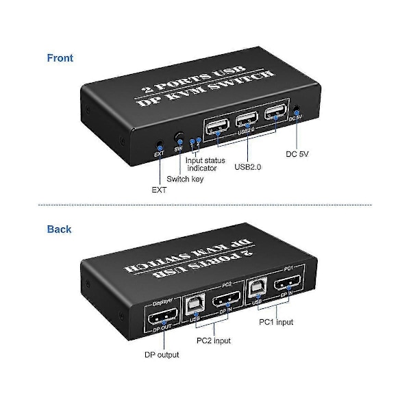 Dp Kvm Switch 2 Port 8k@30hz Displayport1.2 Switch 2 Ind 1 Ud Med 3 Usb2.0 Port Til 2 Pc Laptop Deling Tastatur Mus