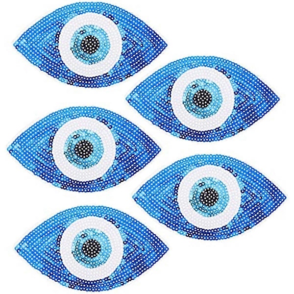 HEALLILY 5-pack Blå Ögonformade Pärlplattor Att Stryka På, Sy På, Applikationer, Broderade Märken för Kläder, Klädtillbehör, T-shirt, Jeans, DIY