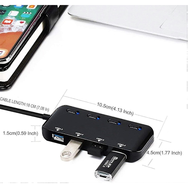 Usb 3.0 Hub med portar, med strömbrytare och indikatorlampor, för Mac Pro/mini, ps4, Xps etc