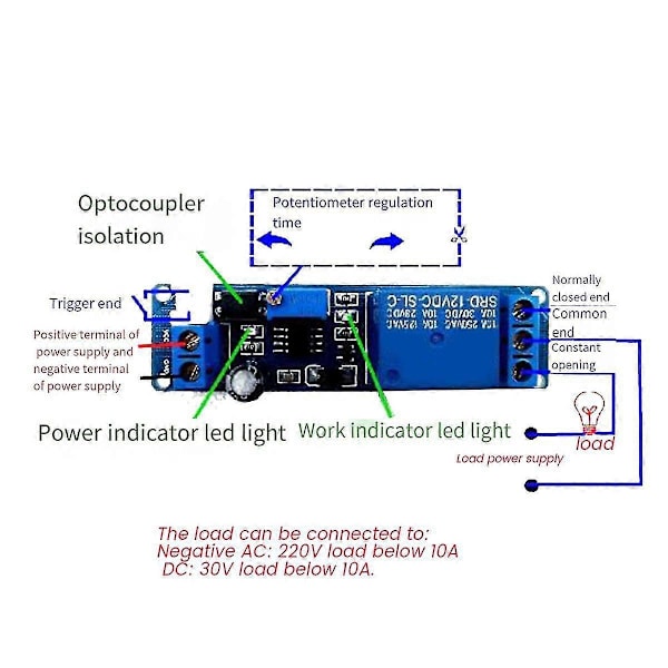 DC 12V Timing Timer Fördröjning 1-10s Tidsjusterbart Relä Med Indikatorlampa Stäng Av Relämodul Tr