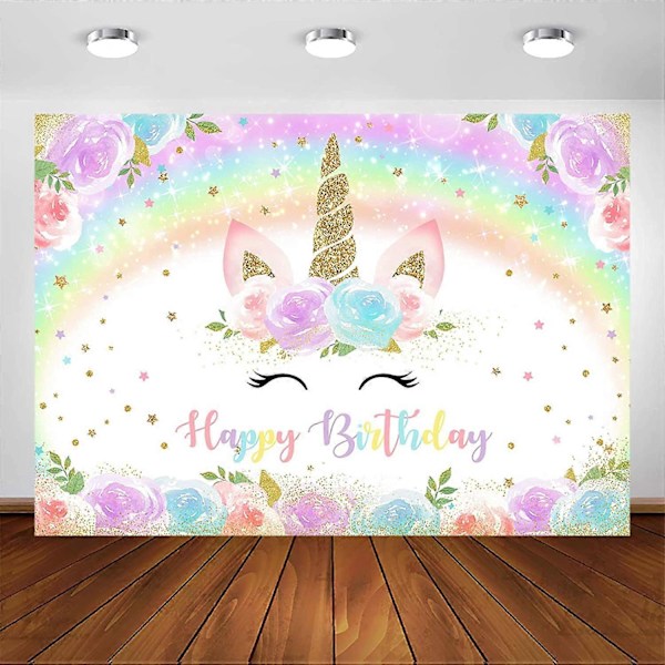 Regnbågsenhörning Födelsedagsbakgrund för Flicka Guldglitter Regnbåge Färgglada Akvarellblommor Enhörningsfest Banner Födelsedagstårta Bordsdekorationer Foto