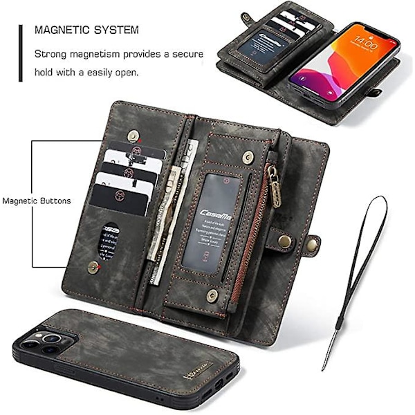 Lompakkokotelo yhteensopiva iPhone 13 Pro:n kanssa, korttipaikalla varustettu nahkainen retro-läppäkotelo 2 in 1 irrotettava magneettinen vetoketjutasku ohut puhelinkotelo 6,1 tuumaa (B