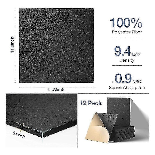 Selvklæbende Akustikpaneler 12 stk., 30 x 30 x 1 cm Lydisolerende Padding, Lydabsorberende Panel til Hjemmet, Sort