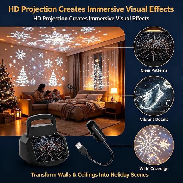 MultiTheme LED-projeksjonsnattlys, utskiftbare mønsterskiver, USB-pluggprojektor for hjemmeferieatmosfære-dekor C-6pcs
