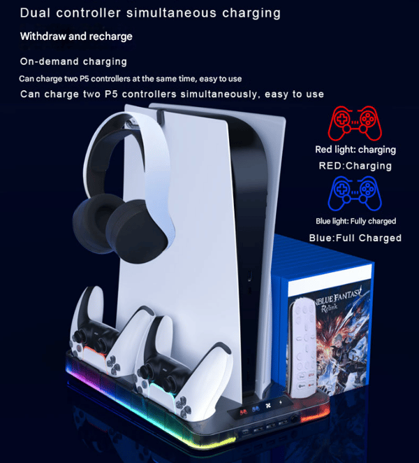 PS5 konsol kølebase opbevaring spildisk konsol controller hurtig opladningsbase Black