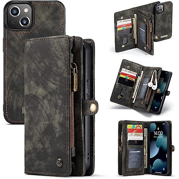 Plånboksfodral Kompatibelt med iPhone 13 Skal med Korthållare Läder Flip Retro 2 i 1 Avtagbar Magnetisk Dragkedja Ficka Tunn Mobilskal 6.1'' (Svart)