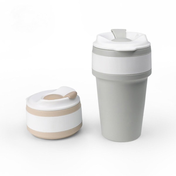 JUSCH Hopfällbar Kaffekopp, Portabel Vikbar Resemugg, 450ml (15oz) Hållbar och Återanvändbar Campingmugg, Silikonficka med Sugrör och Lock för Resor
