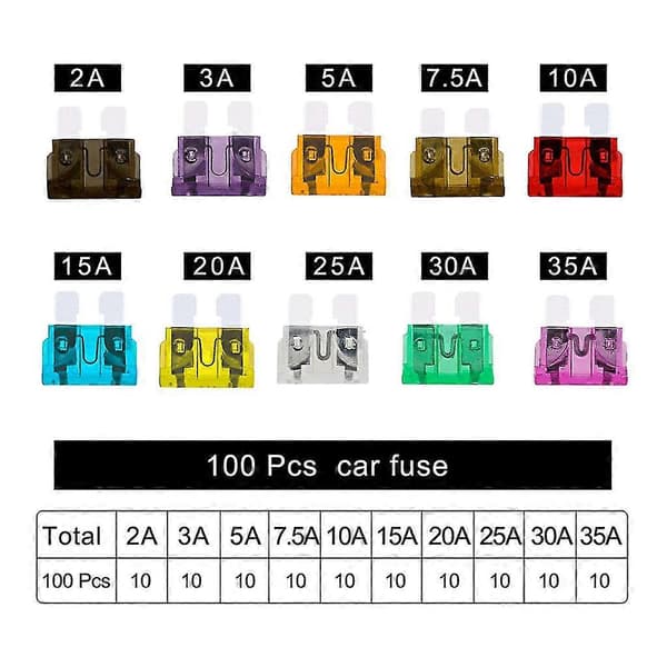 100 st Auto Standard Bladsäkringar 2a 3a 5a 7.5a 10a 15a 20a 25a 30a 35a