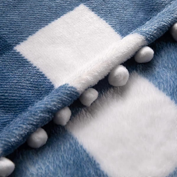 Fleece-peitto pompom-hapsuilla, sinivalkoinen Buffalo-ruudullinen flanellipeitto sohvalle (130x150cm)