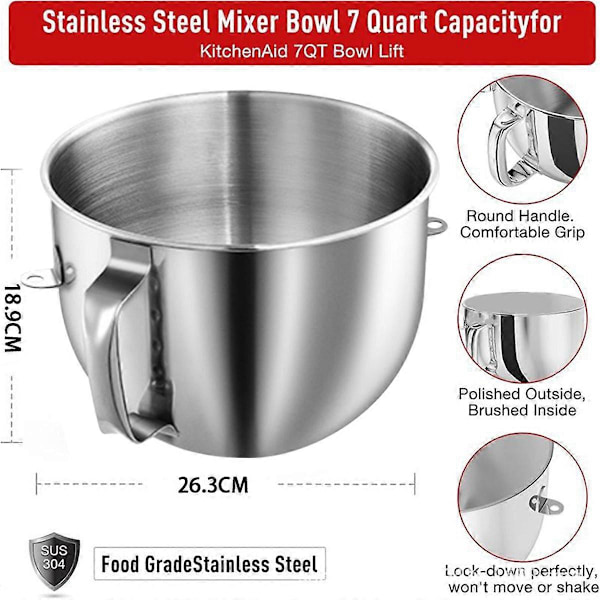 7QT Rostfri Stål Skål för Kitchenaid
